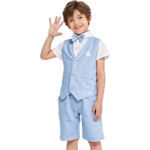 imageSummer Boys Suit Dress Clothes Kids Wedding Ring Bearer Outfit 4Pcs Shirt Vest Shorts SetBlue