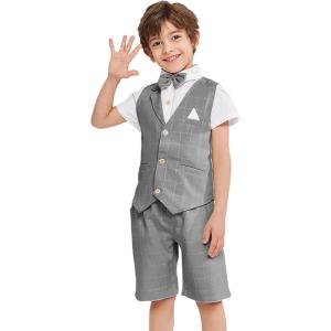 imageSummer Boys Suit Dress Clothes Kids Wedding Ring Bearer Outfit 4Pcs Shirt Vest Shorts SetDark Grey