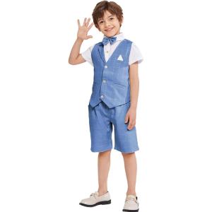 imageSummer Boys Suit Dress Clothes Kids Wedding Ring Bearer Outfit 4Pcs Shirt Vest Shorts SetDeep Blue