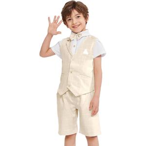 imageSummer Boys Suit Dress Clothes Kids Wedding Ring Bearer Outfit 4Pcs Shirt Vest Shorts SetKhaki