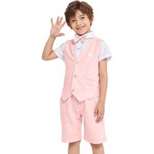 imageSummer Boys Suit Dress Clothes Kids Wedding Ring Bearer Outfit 4Pcs Shirt Vest Shorts SetPink