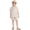 imageLOLANTA Boys 2 Pieces Linen Set kids Short Sleeve Button Down Shirt and Shorts Summer Vacation OutfitsLightkhaki