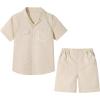 imageLOLANTA Boys 2 Pieces Linen Set kids Short Sleeve Button Down Shirt and Shorts Summer Vacation OutfitsLightkhaki