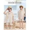 imageLOLANTA Boys 2 Pieces Linen Set kids Short Sleeve Button Down Shirt and Shorts Summer Vacation OutfitsLightkhaki