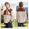 imageLOLANTA Boys Corduroy Shirts Kids Western Botton Down Shacket with Pocket Fall Long Sleeve Solid Lapel TopsBrown Splice Beige