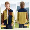 imageLOLANTA Boys Corduroy Shirts Kids Western Botton Down Shacket with Pocket Fall Long Sleeve Solid Lapel TopsBrown Splice Green