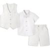imageLOLANTA Boys Linen Suit 4 Piece Summer Gentleman Outfit Kids Dress Vest Shirt Shorts Set for Beach Wedding GraduationWhite