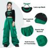 imageLOLANTA Girls Hip Hop Dance Clothes 2 Piece Outfits Jazz Team Long Sleeve Crop Top Cargo Pants SetGreen