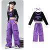imageLOLANTA Girls Hip Hop Dance Clothes 2 Piece Outfits Jazz Team Long Sleeve Crop Top Cargo Pants SetPurple