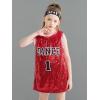 imageLOLANTA Girls Hip Hop Dance Clothes Kids Jersey Sequin Dress Long Tank Top Jazz Costume Cheerleading TShirtRed