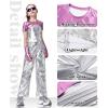 imageLOLANTA Girls Metallic Shirts with Arm Sleeves Slim Fit Stretchy Shiny Jazz Hip Hop Dance Tops Raves Festivals CostumesPink