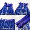 imageLOLANTA Girls Sequin Dance Outfit Crop Sequin Top Metallic Shorts with Tassel Arm Sleeves 513 Years Recital CostumesBlue