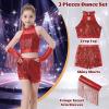 imageLOLANTA Girls Sequin Dance Outfit Crop Sequin Top Metallic Shorts with Tassel Arm Sleeves 513 Years Recital CostumesRed