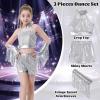 imageLOLANTA Girls Sequin Dance Outfit Crop Sequin Top Metallic Shorts with Tassel Arm Sleeves 513 Years Recital CostumesSilver