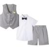 imageLOLANTA 4Pcs Summer Boys Suit Kids Dress Clothes Shirt Vest Shorts Bow Tie Waistcoat Tuxedo Wedding Ring Bearer OutfitGrey