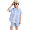 imageLOLANTA Boys 2 Pieces Linen Set kids Short Sleeve Button Down Shirt and Shorts Summer Vacation OutfitsBlue