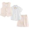 imageLOLANTA Boys Linen Suit 4 Piece Summer Gentleman Outfit Kids Dress Vest Shirt Shorts Set for Beach Wedding GraduationBeige