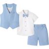 imageLOLANTA Boys Linen Suit 4 Piece Summer Gentleman Outfit Kids Dress Vest Shirt Shorts Set for Beach Wedding GraduationLight Blue