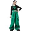 imageLOLANTA Girls Hip Hop Dance Clothes 2 Piece Outfits Jazz Team Long Sleeve Crop Top Cargo Pants SetGreen