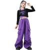 imageLOLANTA Girls Hip Hop Dance Clothes 2 Piece Outfits Jazz Team Long Sleeve Crop Top Cargo Pants SetPurple