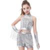 imageLOLANTA Girls Sequin Dance Outfit Crop Sequin Top Metallic Shorts with Tassel Arm Sleeves 513 Years Recital CostumesSilver