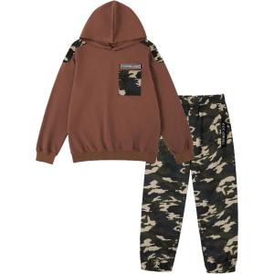 imageCamo Clothes for Boys Long Sleeve Hoodie and Pants Sets Kids 2 Piece Casual Outfits SweatsuitsBrown