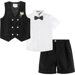 imageLOLANTA 4Pcs Summer Boys Suit Kids Dress Clothes Shirt Vest Shorts Bow Tie Waistcoat Tuxedo Wedding Ring Bearer OutfitBlack