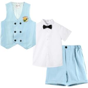 imageLOLANTA 4Pcs Summer Boys Suit Kids Dress Clothes Shirt Vest Shorts Bow Tie Waistcoat Tuxedo Wedding Ring Bearer OutfitBlue