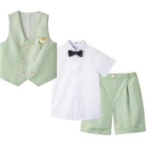 imageLOLANTA 4Pcs Summer Boys Suit Kids Dress Clothes Shirt Vest Shorts Bow Tie Waistcoat Tuxedo Wedding Ring Bearer OutfitGreen
