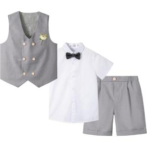 imageLOLANTA 4Pcs Summer Boys Suit Kids Dress Clothes Shirt Vest Shorts Bow Tie Waistcoat Tuxedo Wedding Ring Bearer OutfitGrey