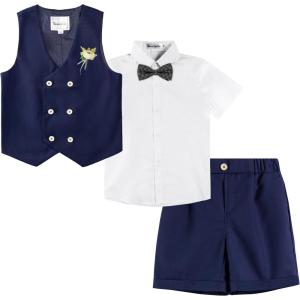imageLOLANTA 4Pcs Summer Boys Suit Kids Dress Clothes Shirt Vest Shorts Bow Tie Waistcoat Tuxedo Wedding Ring Bearer OutfitNavy