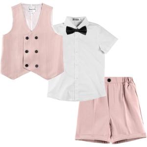 imageLOLANTA 4Pcs Summer Boys Suit Kids Dress Clothes Shirt Vest Shorts Bow Tie Waistcoat Tuxedo Wedding Ring Bearer OutfitPink