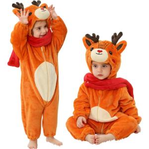 imageLOLANTA Baby Girls Elk Costumes Infant Romper Toddlers Fleece Hooded Jumpsuit Cute Colorful Bodysuit Christmas GiftsOrange Elk