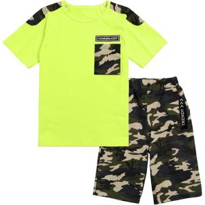 imageLOLANTA Boy Summer Clothes Kids Casual 2 Piece Outfit Cotton TShirt Camouflage Shorts SetChartreuse
