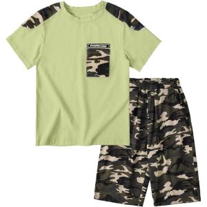 imageLOLANTA Boy Summer Clothes Kids Casual 2 Piece Outfit Cotton TShirt Camouflage Shorts SetGreen