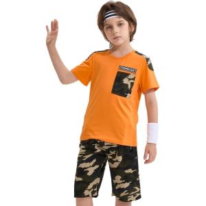 imageLOLANTA Boy Summer Clothes Kids Casual 2 Piece Outfit Cotton TShirt Camouflage Shorts SetOrange