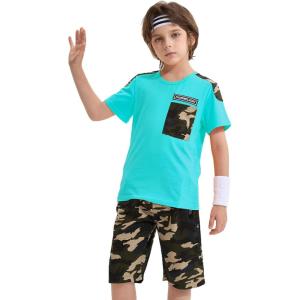 imageLOLANTA Boy Summer Clothes Kids Casual 2 Piece Outfit Cotton TShirt Camouflage Shorts SetTurquoise