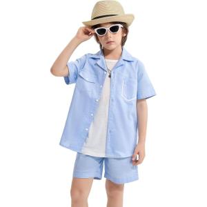 imageLOLANTA Boys 2 Pieces Linen Set kids Short Sleeve Button Down Shirt and Shorts Summer Vacation OutfitsBlue