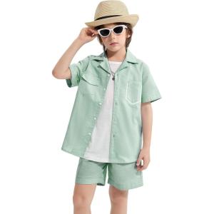 imageLOLANTA Boys 2 Pieces Linen Set kids Short Sleeve Button Down Shirt and Shorts Summer Vacation OutfitsGreen