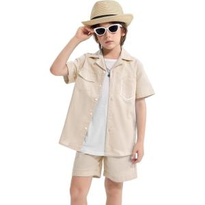 imageLOLANTA Boys 2 Pieces Linen Set kids Short Sleeve Button Down Shirt and Shorts Summer Vacation OutfitsLightkhaki