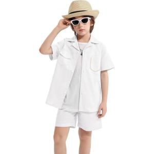 imageLOLANTA Boys 2 Pieces Linen Set kids Short Sleeve Button Down Shirt and Shorts Summer Vacation OutfitsWhite