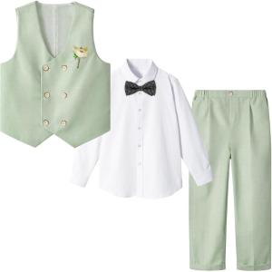 imageLOLANTA Boys 4Piece Formal Suit Wedding Ring Bearer Outfit Vest Pants with Dress Shirt Bow Tie for Graduation 213 YearsGreen