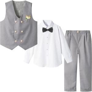 imageLOLANTA Boys 4Piece Formal Suit Wedding Ring Bearer Outfit Vest Pants with Dress Shirt Bow Tie for Graduation 213 YearsGrey