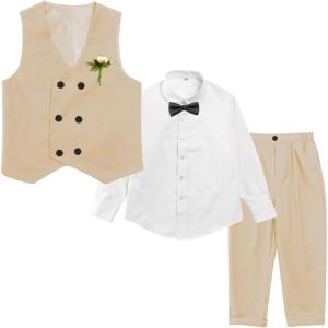 imageLOLANTA Boys 4Piece Formal Suit Wedding Ring Bearer Outfit Vest Pants with Dress Shirt Bow Tie for Graduation 213 YearsKhaki