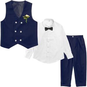 imageLOLANTA Boys 4Piece Formal Suit Wedding Ring Bearer Outfit Vest Pants with Dress Shirt Bow Tie for Graduation 213 YearsNavy Blue