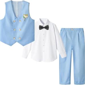 imageLOLANTA Boys 4Piece Formal Suit Wedding Ring Bearer Outfit Vest Pants with Dress Shirt Bow Tie for Graduation 213 YearsSkyblue