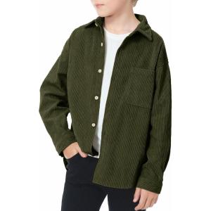 imageLOLANTA Boys Corduroy Shirts Kids Western Botton Down Shacket with Pocket Fall Long Sleeve Solid Lapel TopsArmy Green