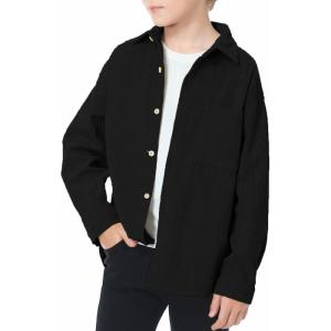imageLOLANTA Boys Corduroy Shirts Kids Western Botton Down Shacket with Pocket Fall Long Sleeve Solid Lapel TopsBlack