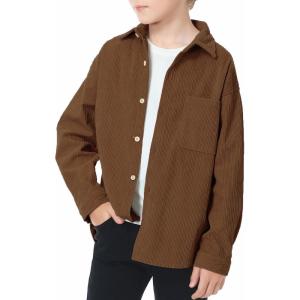 imageLOLANTA Boys Corduroy Shirts Kids Western Botton Down Shacket with Pocket Fall Long Sleeve Solid Lapel TopsBrown