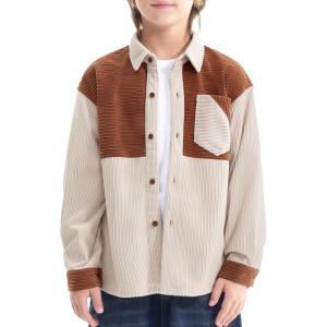 imageLOLANTA Boys Corduroy Shirts Kids Western Botton Down Shacket with Pocket Fall Long Sleeve Solid Lapel TopsBrown Splice Beige